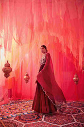 PURPLE TO RED OMBRE PLEATED DRESS DUPPATA
